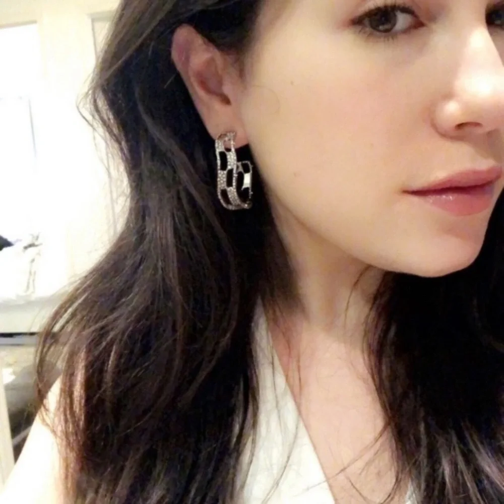 ALEXIS BITTAR • Silver Crystal Georgian Checkerboard Wavy Hoop Earrings